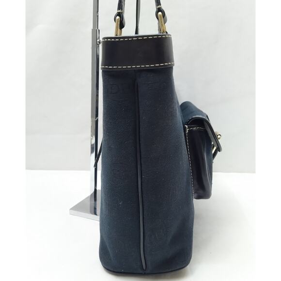 Dooney & Bourke Dark Blue Canvas DB Printed Buckle Pocket Zipper Tote Bag - Picture 4 of 16